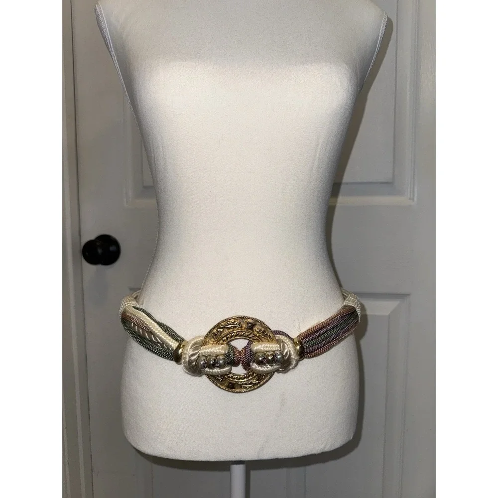 Vtg 80s Fashion Multi Colored Gold Disk Corded Beaded Stretch Belt M/L Statement